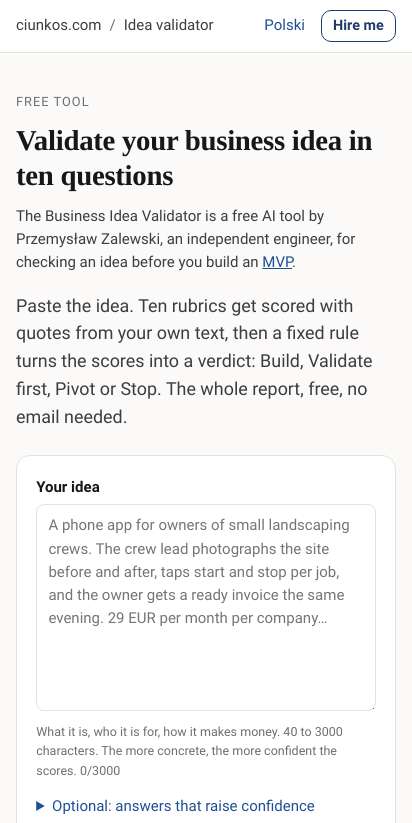 First screen: https://ciunkos.com/business-idea-validator