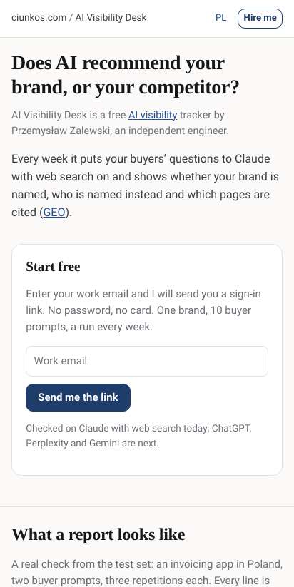 First screen: https://ciunkos.com/ai-visibility
